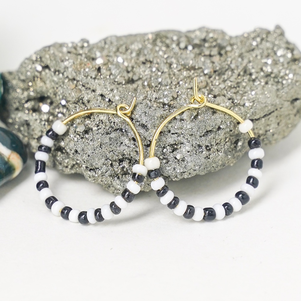 Seed Bead Hoop Earrings Handmade Black & White Small